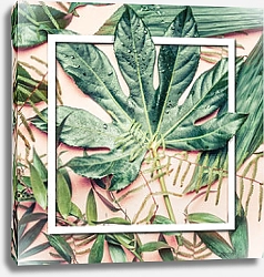 Постер Зеленые тропические листья с белой рамкой