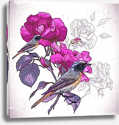 Постер Две птицы на пурпурных цветах