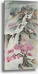 Постер Китайский горный пейзаж с цветами вишни