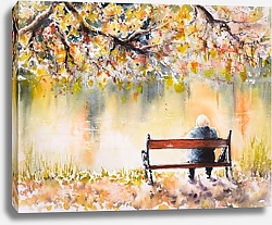 Постер Одинокий человек, сидящий на скамейке в осеннем парке