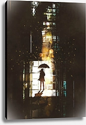 Постер Женский силуэт с зонтом у окна с ярким светом снаружи