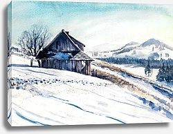 Постер Зимний пейзаж с небольшим домом в горах, акварель