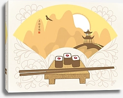 Постер Суши и веер с изображением японской горы