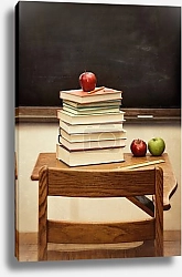 Постер Старая парта с книгами и яблоками