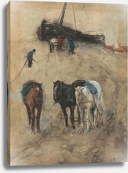 Постер Брейтнер Джордж Лошади на пляже, на заднем плане баржа и рыбаки