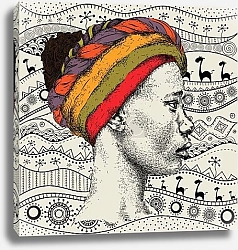 Постер Профиль африканки в тюрбане на этническом узоре