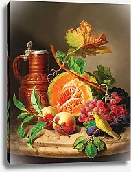 Постер Лауэр Йозеф Still Life on a Marble Top with a Pumpkin, Grapes, a Peach and a Canary