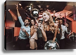 Постер Singing Songs. Black Dress. Have Fun. Celebration. Background. Trendy Nightclub. Cheerful. Smiling Girl. Singing Songs. Handsome Men. Beautiful Girls. Friends at Karaoke Club. Karaoke Club.
