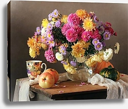 Постер Осенний букет с хризантемами в кувшине в деревенском стиле