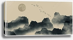 Постер Китайский акварельный пейзаж с горами и луной