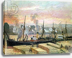Постер Писсарро Камиль (Camille Pissarro) Sunset at Rouen, Boats Unloading Wood, 1896