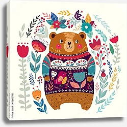 Постер Очаровательный медведь в цветастом свитере в цветах и листьях