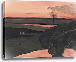 Постер Спиллиарт Леон Пейзаж в красном вечернем зареве с перелетными птицами