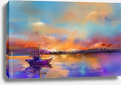 Постер Акварельный пейзаж с яхтой на закате