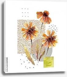 Постер Акварельные цветы и листья, круг, квадратные фигуры