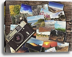 Постер Старинный фотоаппарат и фотографии на деревянном фоне