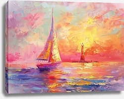 Постер Yacht and lighthouse in pink sunset