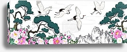 Постер Horizontal landscape with Japanese cranes and pines