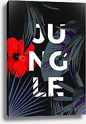 Постер Тропические ночные экзотические пальмовые листья и цветок гибискуса 