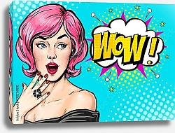 Постер Удивленная девушка с розовыми волосами и надпись WOW!