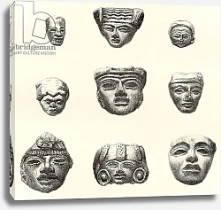 Постер Школа: Испанская 19в. Stone heads and masks found at Teotihuacan, Mexico