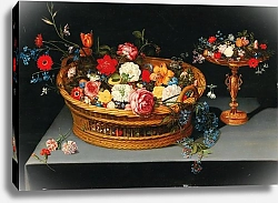 Постер Брейгель Ян Младший  Смешанные цветы в корзине с вазой рядом