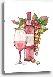 Постер Акварельная бутылка розового вина со стаканом и гроздью винограда