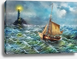Постер An old fishing sailboat floats on the waves past the lighthouse on the rock. Beautiful seascape of stormy sea, old ship in the sea. Oil paintings sea landscape, fine art