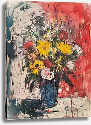 Постер Bouquet in a blue vase on a red background