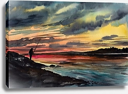 Постер Человек с удочкой на скалистом берегу над закатным небом