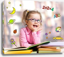 Постер Забавный умный ребенок в очках, читающий книги
