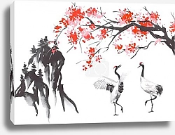 Постер Japan traditional sumi-e painting. Fuji mountain, sakura, sunset. Japan sun. Indian ink illustration. Japanese picture