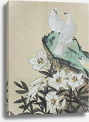 Постер Два белых голубя и белые лилии