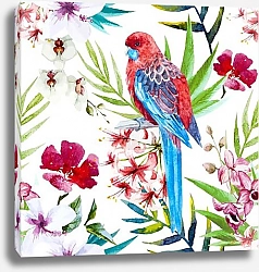 Постер Винтажная открытка с птицей, розами и бабочкой