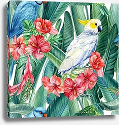 Постер Летний узор с голубым попугаем, пальмовыми листьями и арбузом 