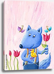 Постер Симпатичная голубая лиса держит птицу и цветок