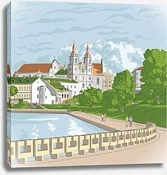Постер Городской пейзаж с церковью и рекой