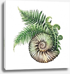 Постер Доисторическая акварельная морская раковина и ветви папоротника