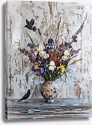 Постер Bouquet with irises and two black birds