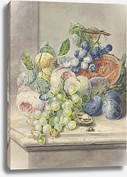 Постер Брассел Паулюс Fruchtstück mit einer aufgeschnittenen Melone und zwei Rosen, Trauben, Pfirsichen, Pflaumen und einer Walnuss