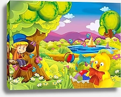 Постер cartoon happy and funny scene with kid and chick in the park having fun - illustration for children