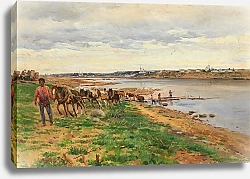 Постер Маковский Владимир Woodworkers with horses on the banks of the Volga