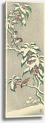 Постер Косон Охара Sparrows on snowy currant bush