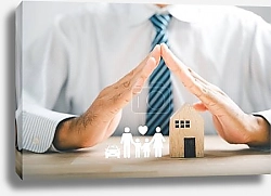 Постер Family insurance and care symbolized. Businessman protective gesture with family silhouette. Icons for family, life, health, and house insurance. Portraying the insurance concept.