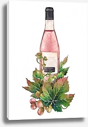 Постер Акварельная бутылка розового вина, украшенная виноградными листьями и ягодами