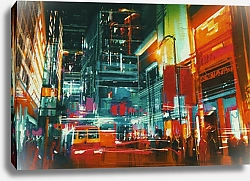 Постер Улица города в ночное время с красочными огнями