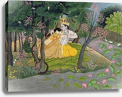 Постер Школа: Индийская 18в Radha and Krishna embrace in a grove of flowering trees, c.1780
