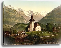 Постер Швейцария. Город Фрутиген, церковь и Альпы