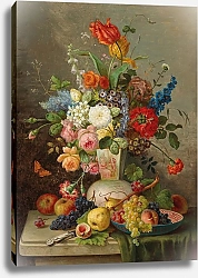 Постер Гогенбергер Франц Großes Blumenstück mit Obst auf Steinplatte