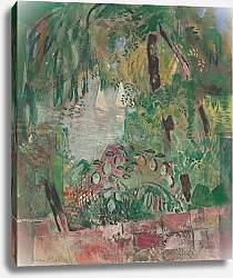 Постер Молль Оскар Вид на озеро с листьями и двумя белыми парусниками